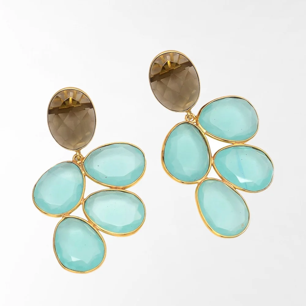 Aqua Chalcedony Gemstone  earrings Gold Plated Oval Shape Dangling Earring pairs Unique Jewelry
