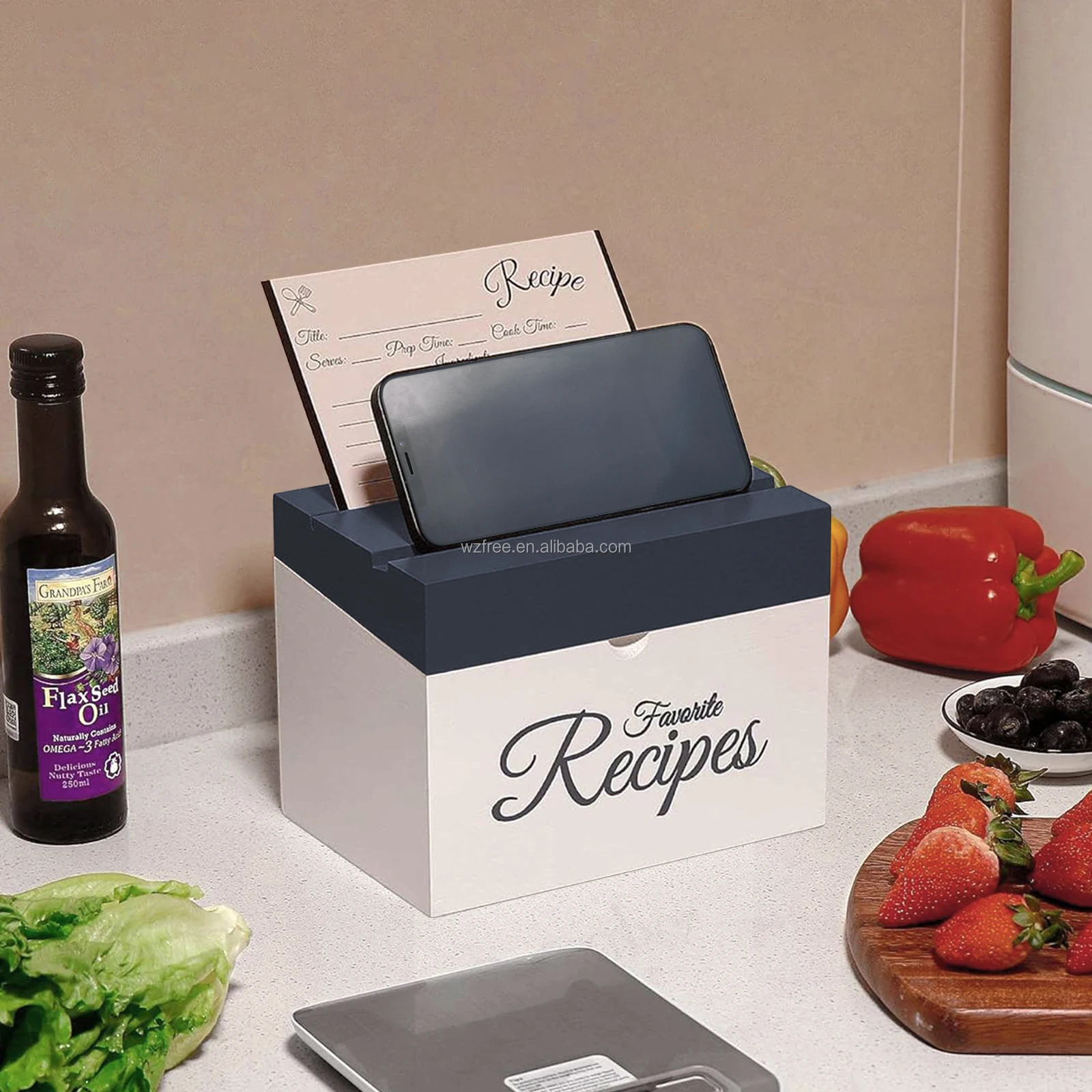 New Tilted Design Wood Recipe Box With 100 Cards And Dividers Measuring Spoons Plastic Card Sleeves For Gifts