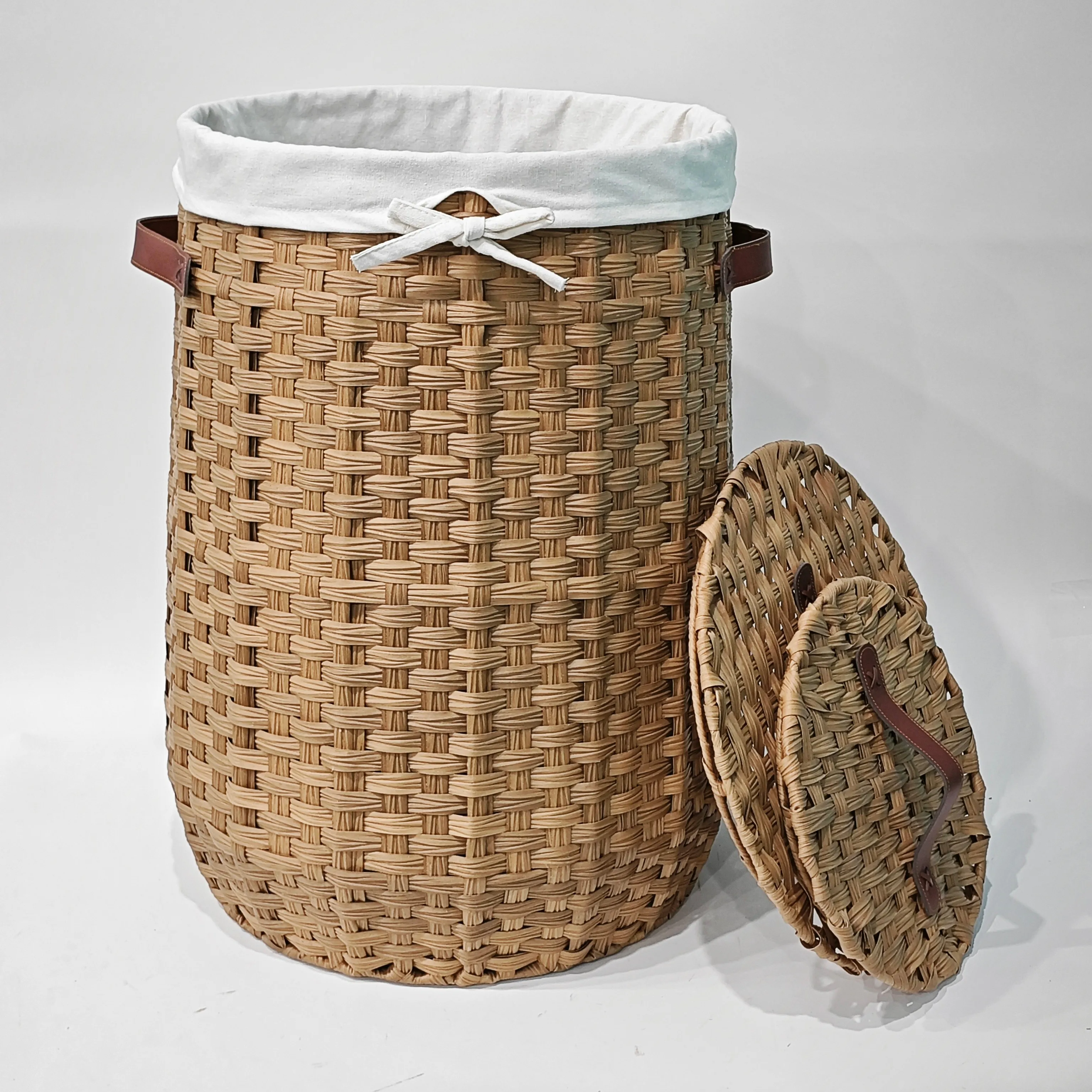 JY 2 Sets Large Round Wicker Basket for Clothes Storage Water Hyacinth Rattan Hamper Woven Laundry Hamper Basket with Lid