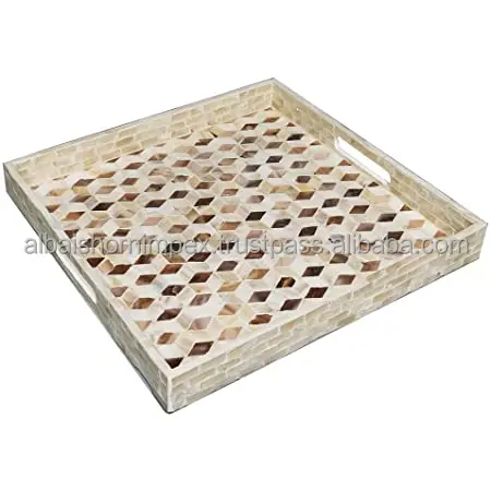 best quality customized made all size eid ramadan gifts trays bowl plates with handle mother of pearl bone inlay wooden serving