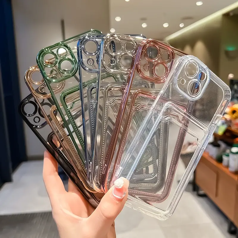 Electroplated Transparent Card Holder Phone Case For iPhone 13 11 12 14 Pro Max 14 Plus Photo Pocket Shockproof TPU Cover