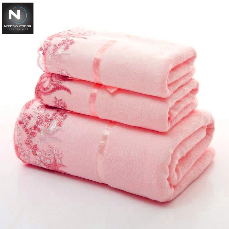 3 Pcs Set Lace Border Embroidery Face Bath Towel Set,Superb Quality Breathable House Hold Towels By NEEDS OUTDOOR