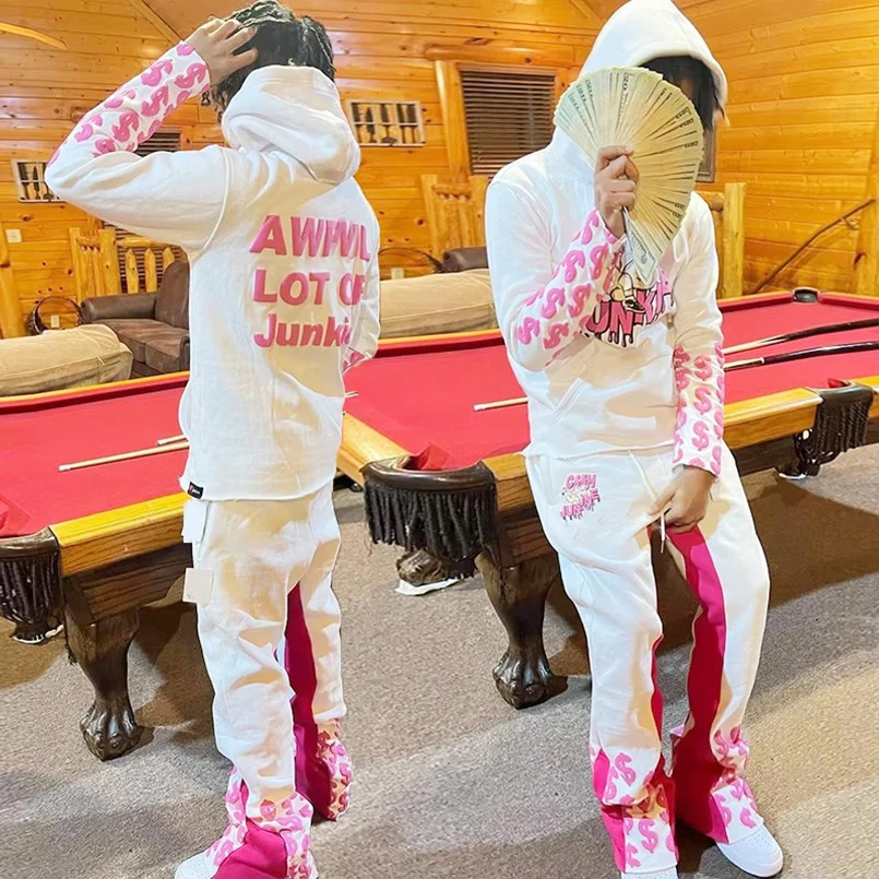 Custom Logo Men 3d Puff Print Flare Stacked Pant Hoodie Tracksuit Custom Top Quality Sweatsuit Boys Winter Tracksuits For Men