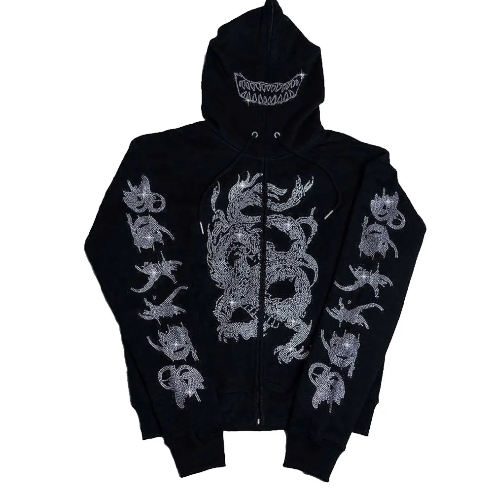 Custom Bling Sparkle Crystal Rhine Stone Hoodies Breathable Logo Top Women Skull Full Zip Up Rhinestone Skeleton Hoodie