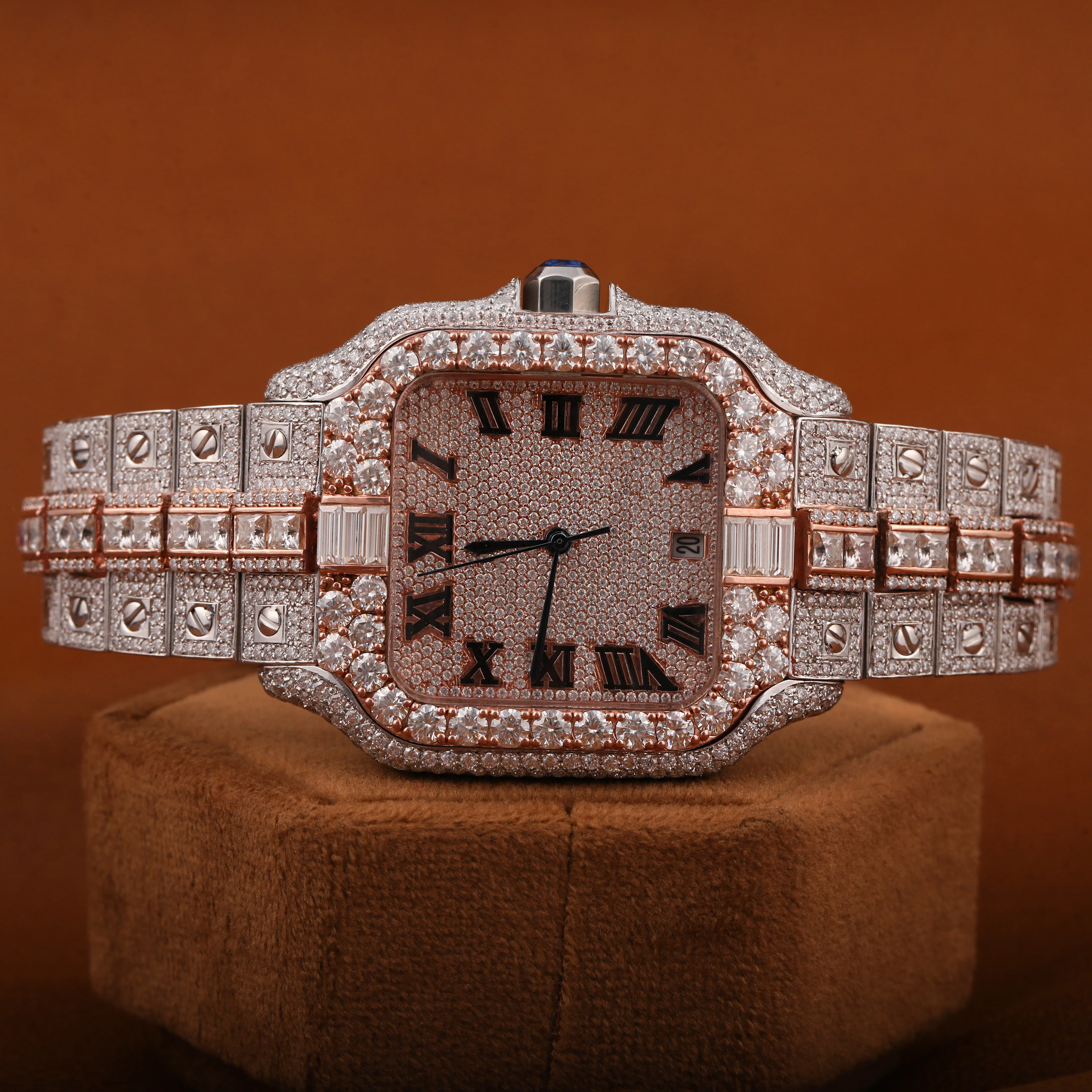 Different Shapes Moissanite Studded Square Dial Iced Out Watch / Dual Color Tone Hip Hop Rapper Automatic Wrist Luxurious Watch