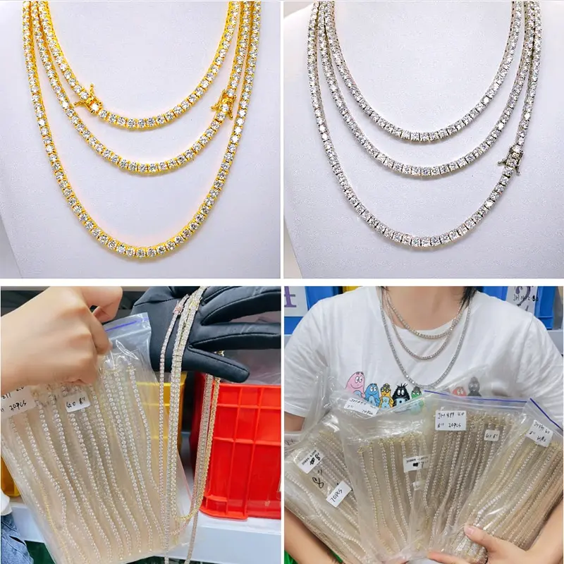 Large Stock 925 Sterling Silver 2mm 3mm 4mm 5mm  VVS Moissanite Diamond Iced Out Tennis Chain Bracelet Necklace For Men Women