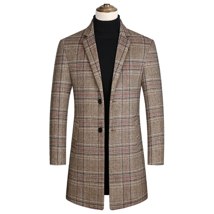 2022 Classic Single Breasted Plaid Trench Jacket Coat Mens Slim Fit Long Coat Winter Wool Coats for Men