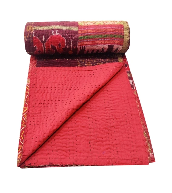 Patola Silk vintage Cotton patchwork kantha quilt handmade bohemian bedding Throw blanket bedspread Silk sari Sofa Cover King