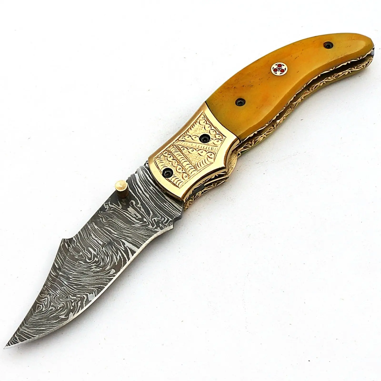 Custom Handmade Damascus Folding Knife Yellow Camel Bone Handle Pocket Knife Leather Sheath OEM Support Blade Material Steel