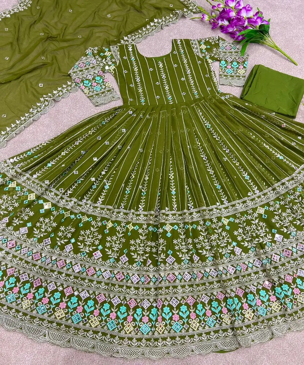 Latest design beautiful orange color embroidery work border long gown with dupatta for Indian women in ethnic garment