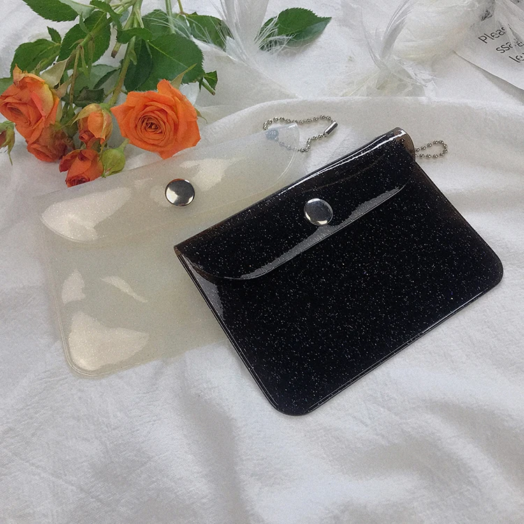 Transparent Glitter PVC Card Bag with Bead Chain Portable Travel Coin Purse Snap Closure Small Pouch Card Holders for Women
