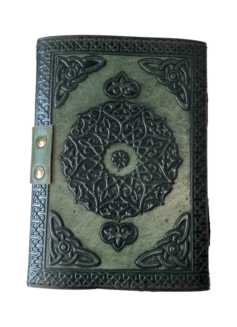 Vintage Leather Journal 200 Sketchbook Book of Charmed Spell Antique Handmade Deckle Edge Paper Lion Charcoal Green Embossed