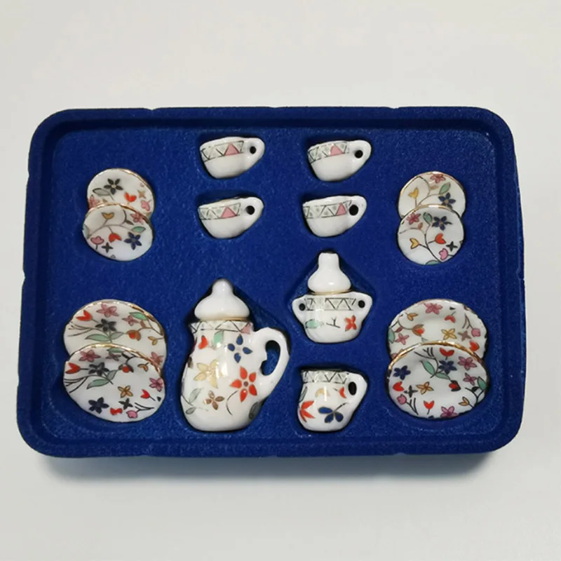 15 pieces :Doll house Miniature Tableware Ceramic Coffee Tea Set Porcelain Tea Cup Set Flower pattern Tableware Toy Store
