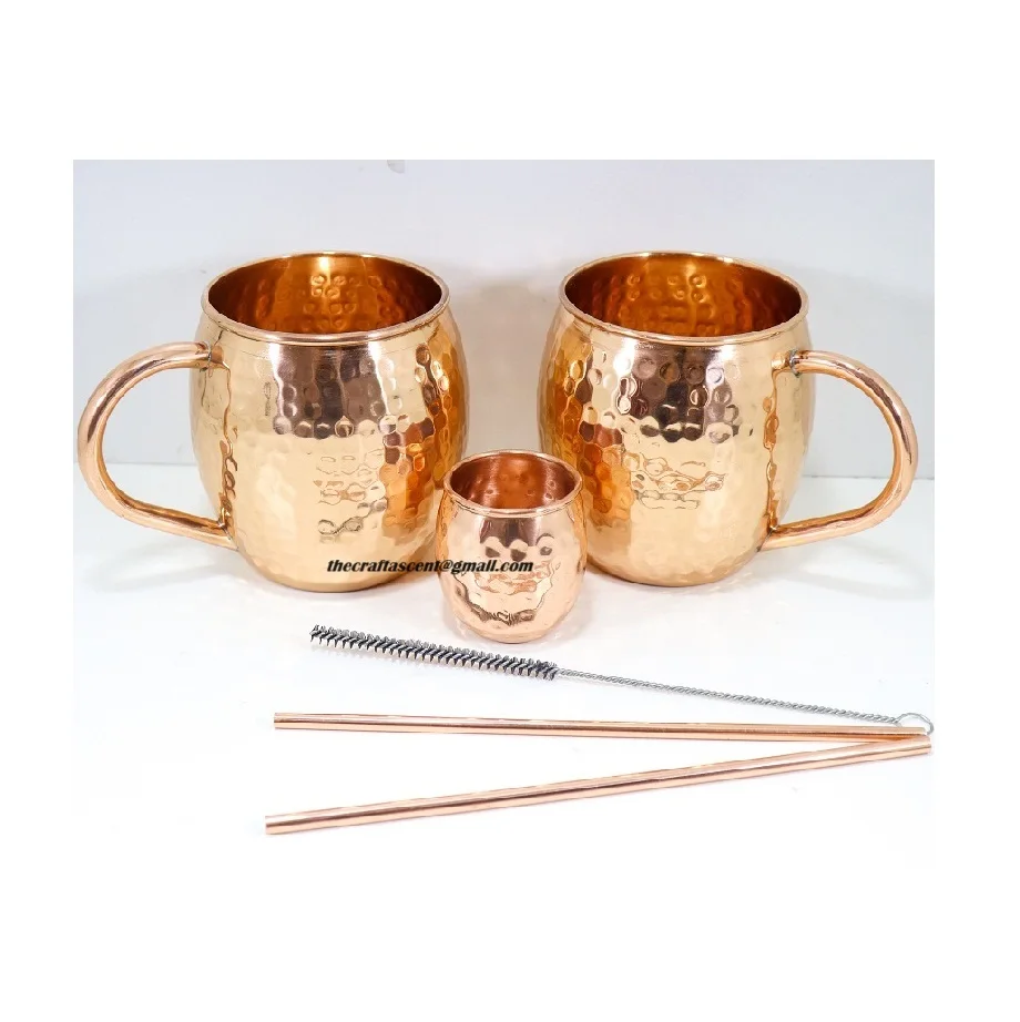 Set of 2 Copper Moscow Mule Mugs Barrel Shape With Hammered Polished Handmade Metal Drinkware For Bars And Restaurant By India