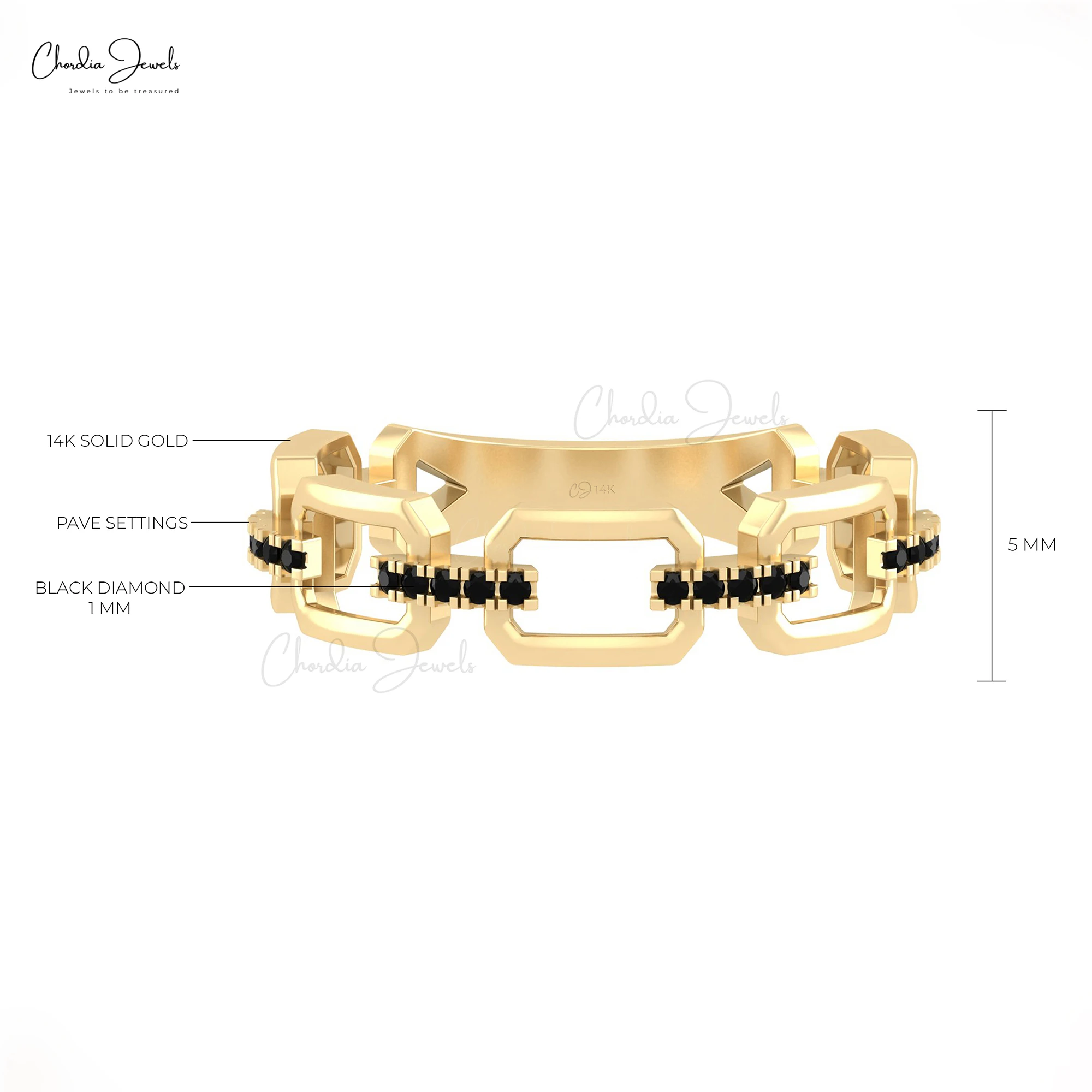 14k Solid Gold Link Chain Ring Natural 0.15 Ct Black Diamond Ring Fine Jewelry for Women Engagement Ring Factory Wholesale Price