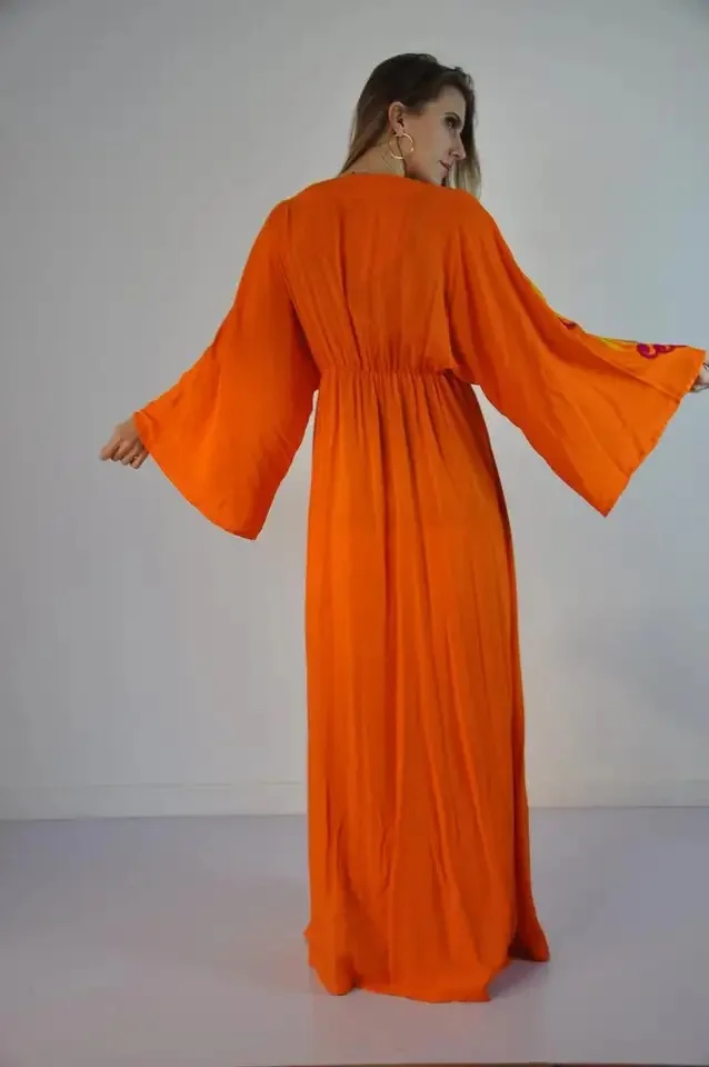 New Design Summer Resort Wear Floral Thread Embroidery Vintage Long Sleeve Floor Length Kaftan For Women Gift For Her