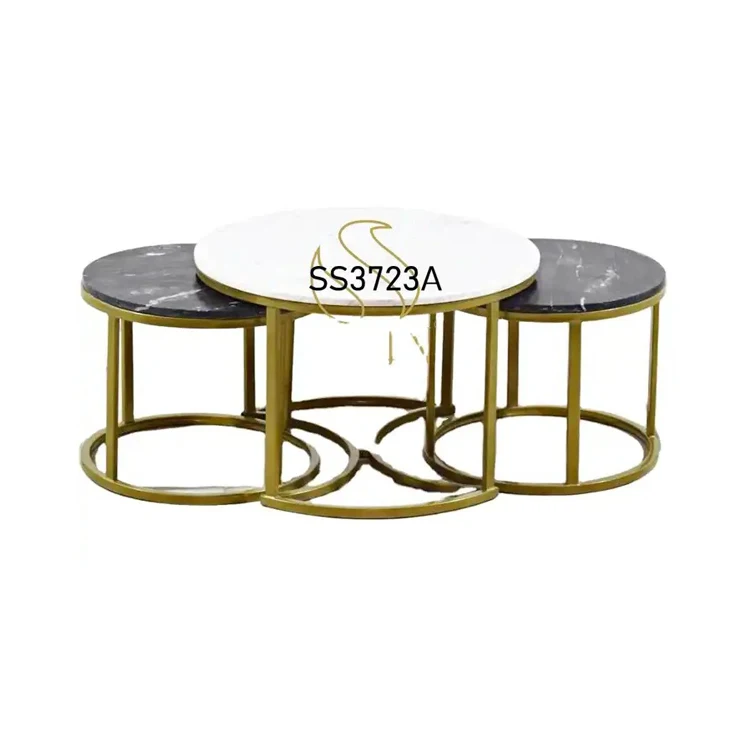 Best Quality Handmade Living Room Furniture India Marble Granite Top Three Luxury Golden Finish White Marble Center Table