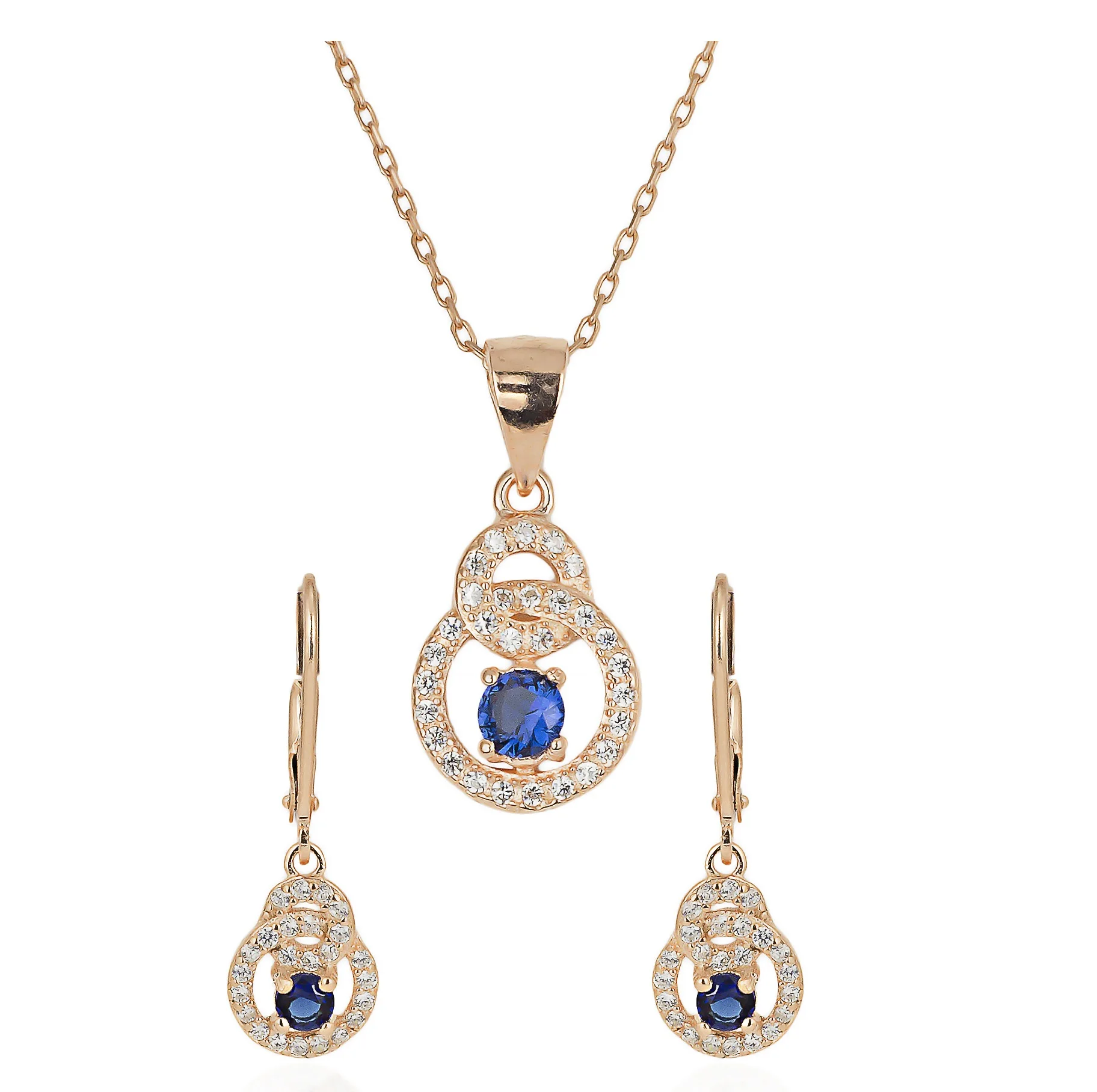 925 Sterling Silver Pendant and Earring Set Blue Sapphire Round Pendant Necklace Earrings Set Jewellery Gift Jewelry