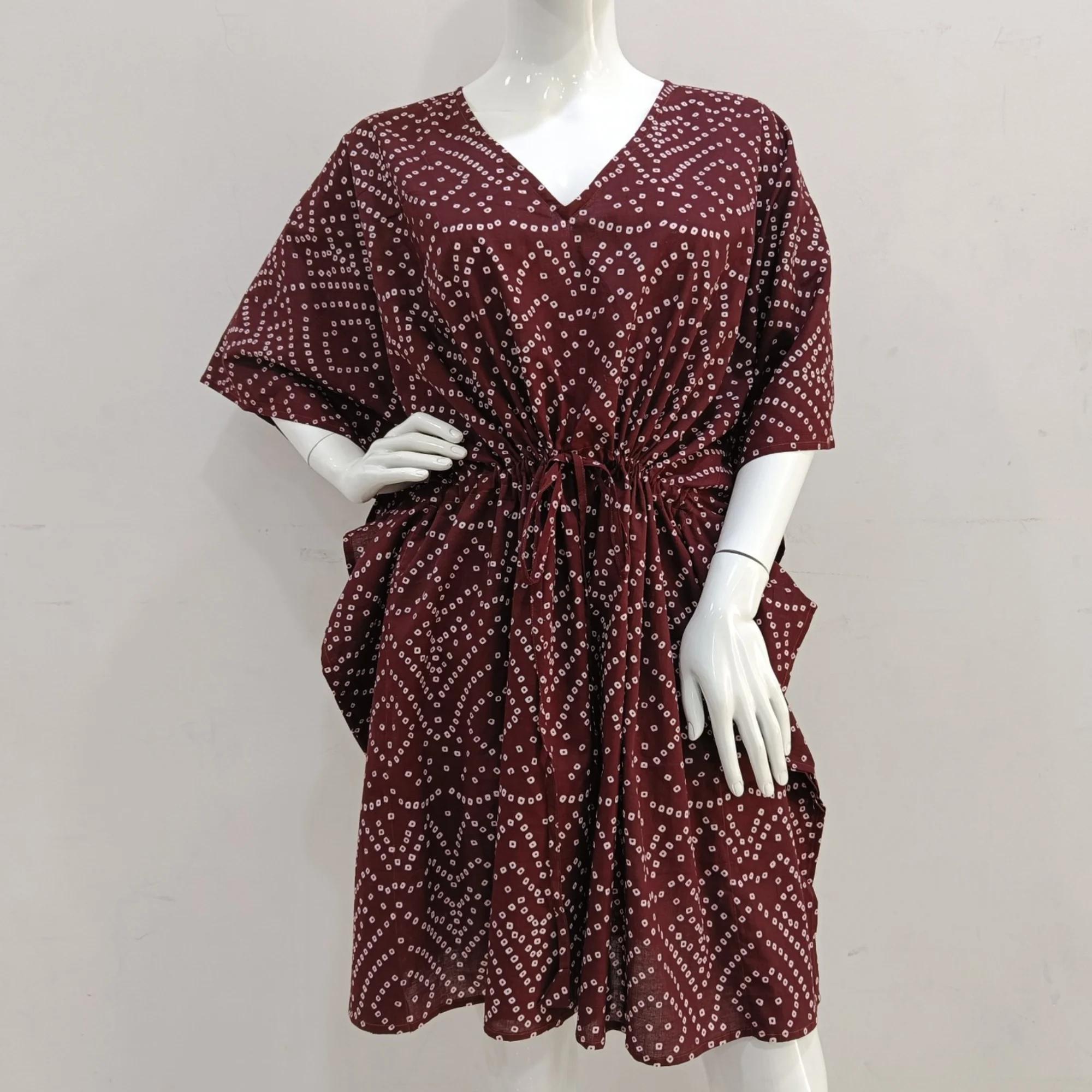 Stylish Soft Cotton Bandhani Pattern Free Size Hand Block Print Kaftan Dress For Casual Wear-Party wear