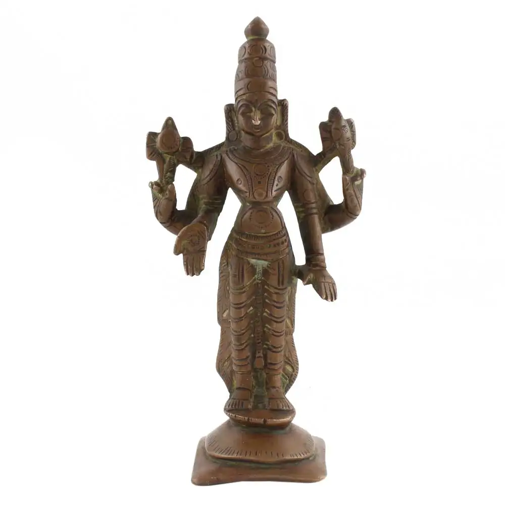 Handmade Indian Brass Antique Golden Lord Vishnu Idol Sculptures Figurine Statue Home Decor Gift Items 17.5 x 18.5 cm NSP-346