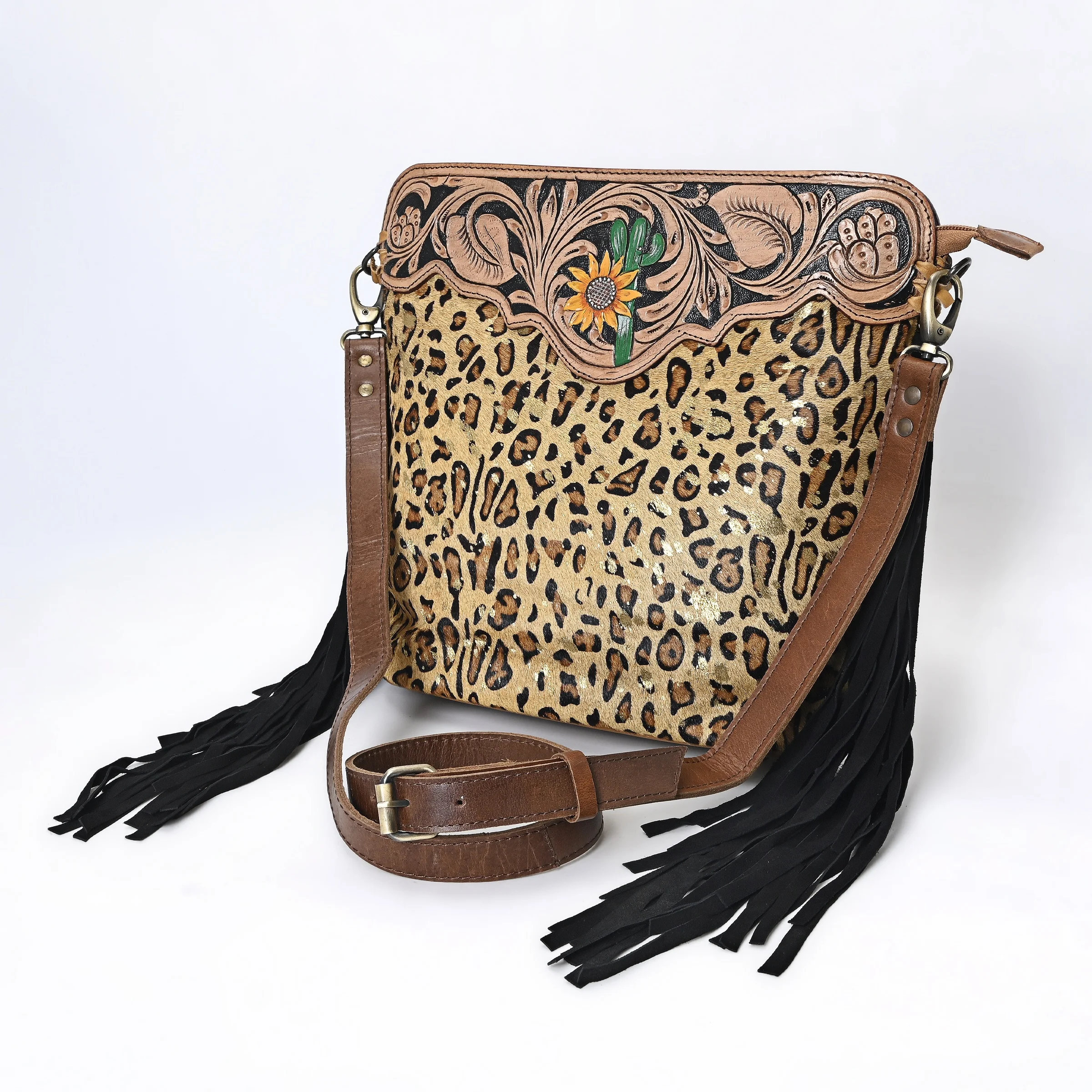 Hand Tooled Women Leather Crossbody Bag with Cactus And Sunflower Hand Tooling  Designs for Daily use Customization Available