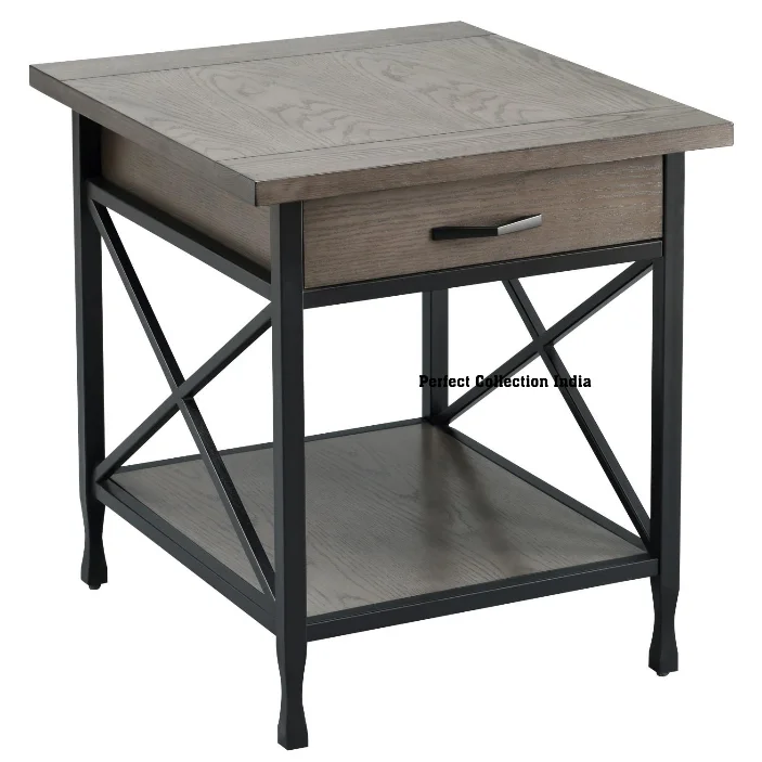 X Design Modern Style Smoke Gray Side Table with Drawer for Home Living Room Hotel or Bar-Featuring USB Charging Ports