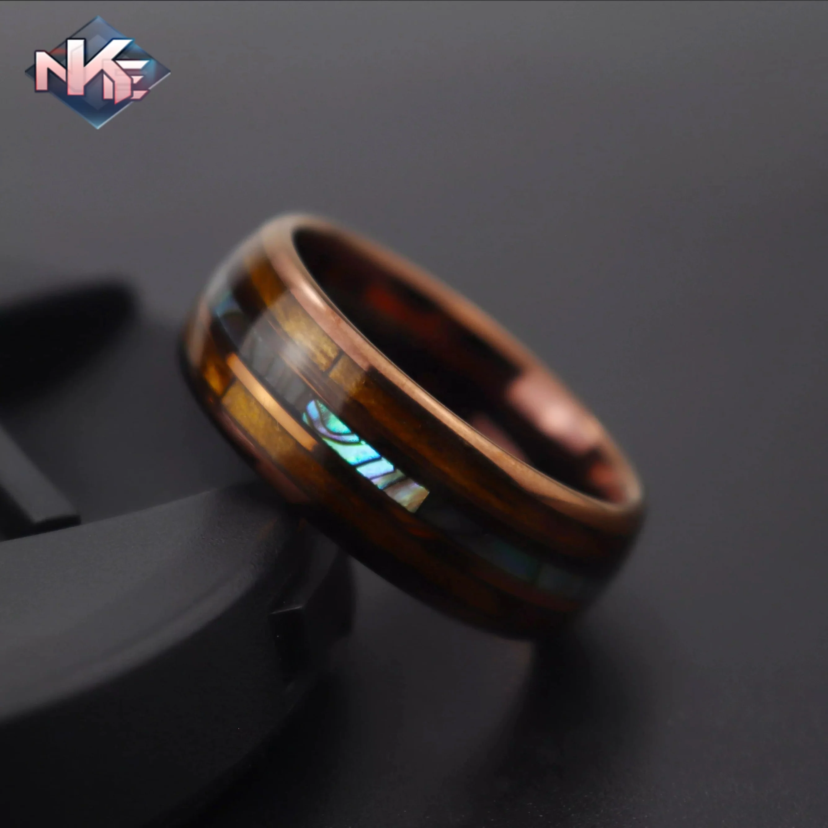 Mens Abalone Shell Whiskey Barrel Wood Inlay Coffee Tungsten Carbide Rings Ring For Men