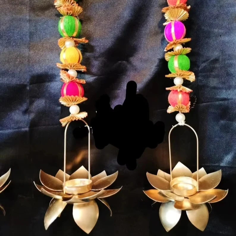 Lotus Design Candle Holder With Multicolor Pom Poms Beads golden hanging strings Mexican Garlands Boho  Wedding Party Curtains