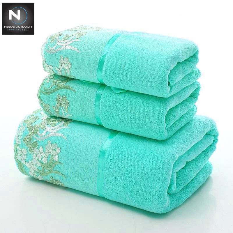 3 Pcs Set Lace Border Embroidery Face Bath Towel Set,Superb Quality Breathable House Hold Towels By NEEDS OUTDOOR
