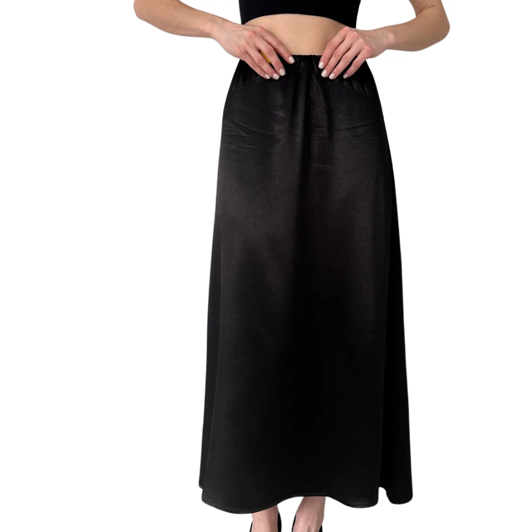 Long Black A-Line Satin Maxi Skirt Casual XS Size High Waisted with Print Decoration Viscose Silk Fabric Heat Feature