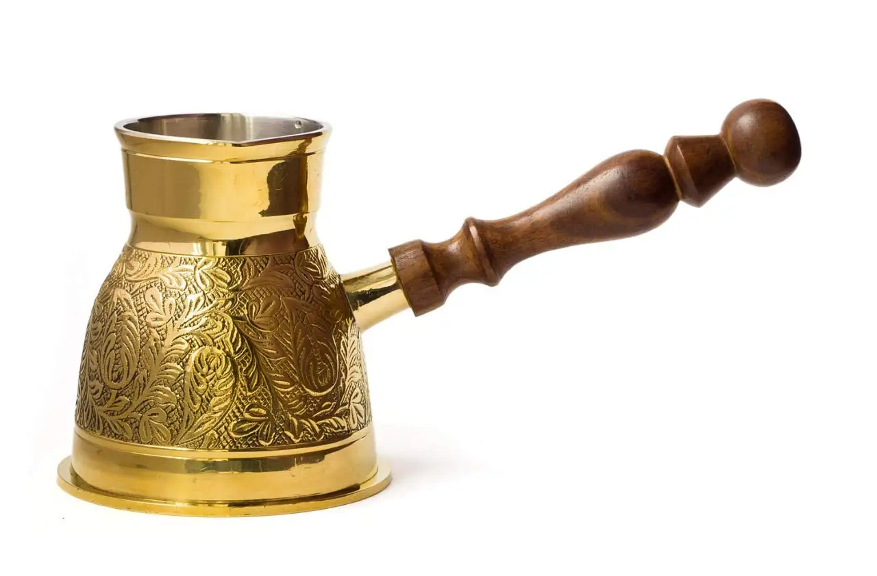 Best Wholesale Prices Brass Color Casting Turkish Coffee Espresso Stovetop Pot with Wooden Handle