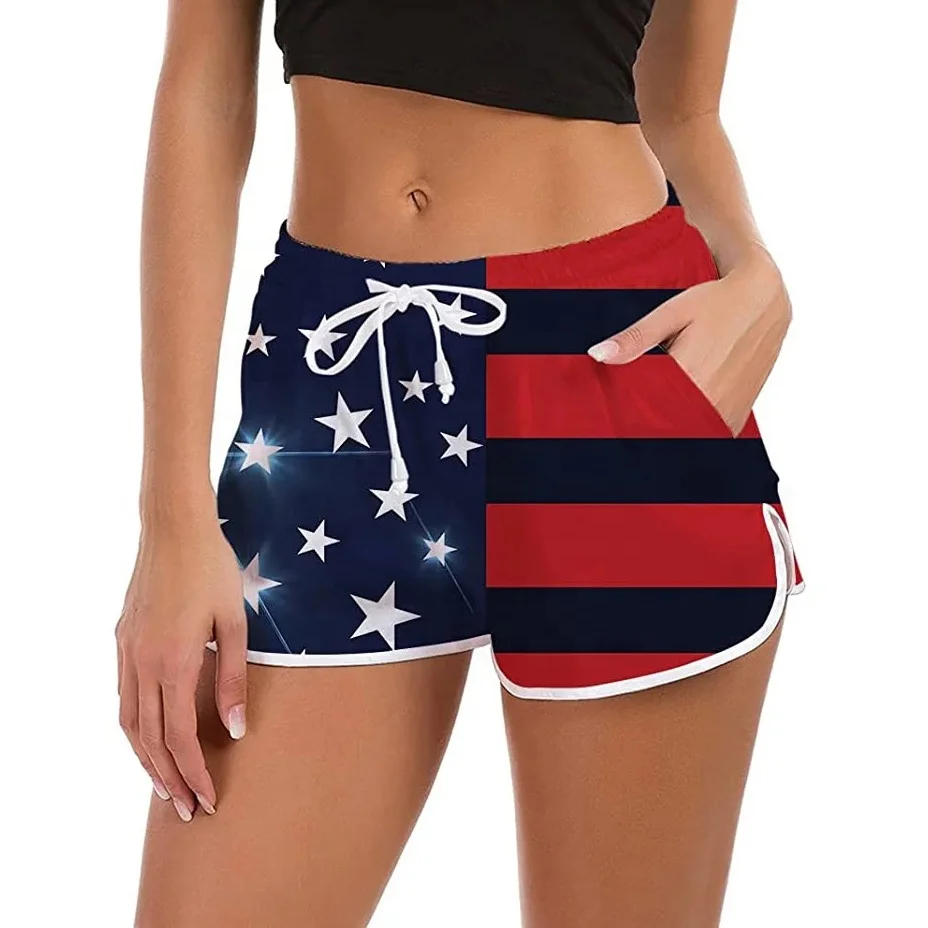 Custom Sublimation American Flag Printed Running Breathable Swim Shorts Quick Dry Beach Wear Shorts For Women