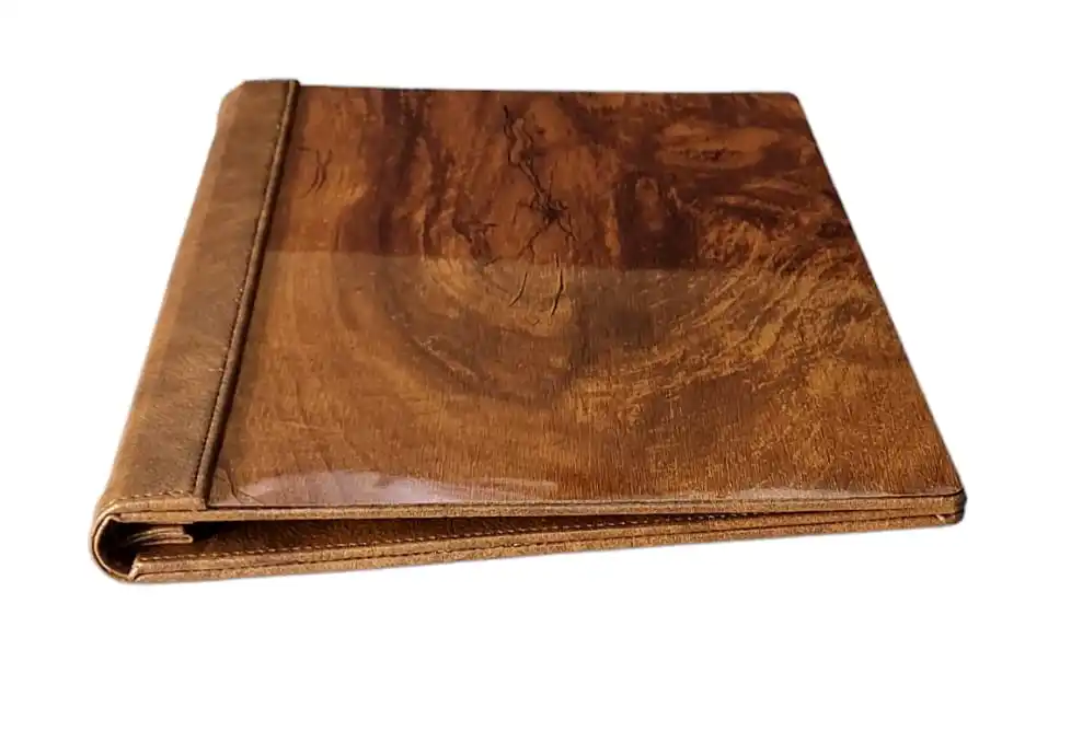 Wooden new design menu folder with beautiful design and logo engraved inside leatherette material with 3 screws