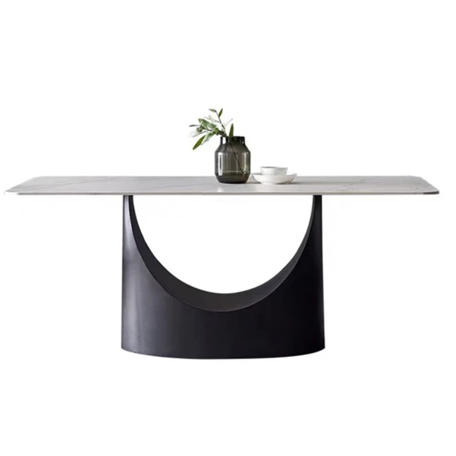 Minimalist Rectangular Marble Sintered Stone Top Steel Metal Legs Base Rectangular Dining Table