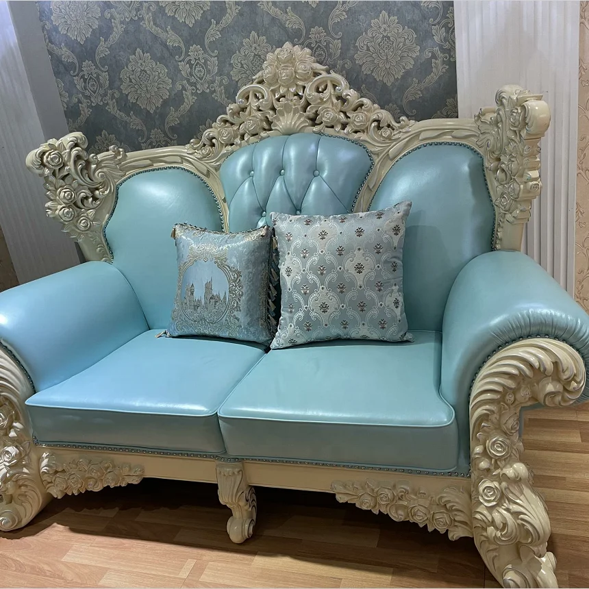 European Classic Luxury Chesterfield Sofa Set Full Italian Blue Top Grain Leather Genuine Ivory Wood Carved Couch Home Furniture