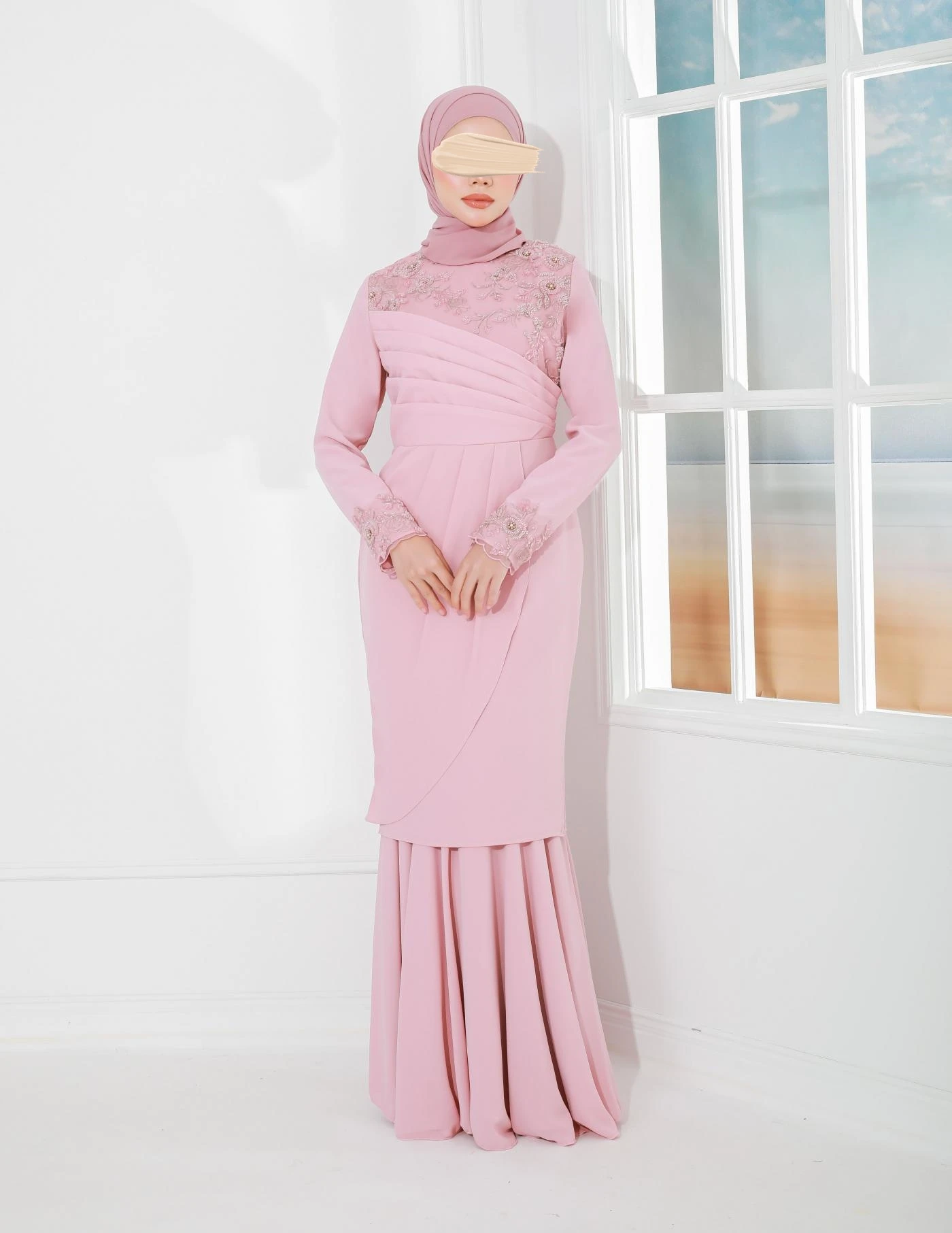SIPO Drape Pattern Cotton Lace Pink Asymmetrical Premium Chiffon Hip Wrap Dress Hand Embroidery Modern Style Baju Kurung