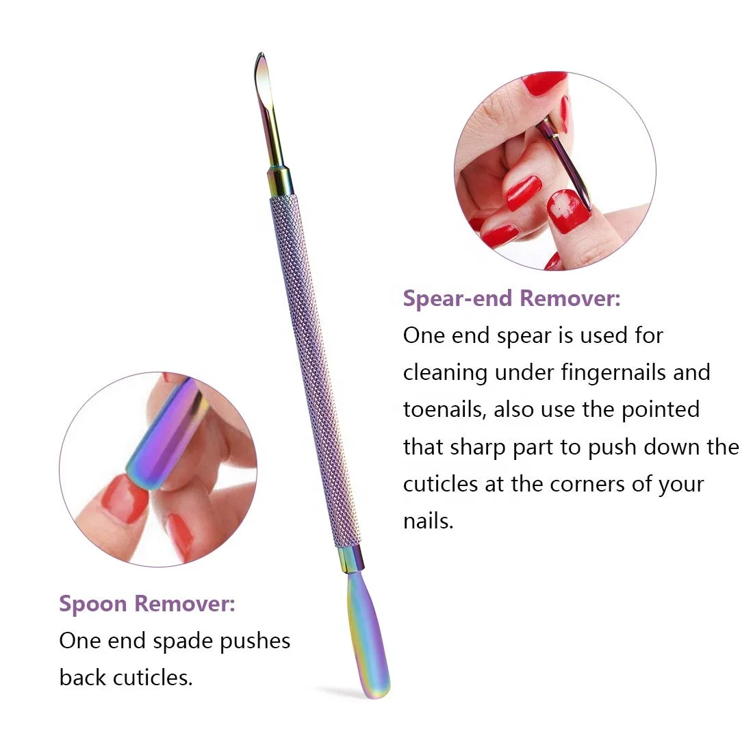 Rainbow 4pcs Spoon Pusher Knife Head Bell Shape Curve Head Double ended Nail Polish Remover Cuticle Nail Pusher Scraper Tool Set