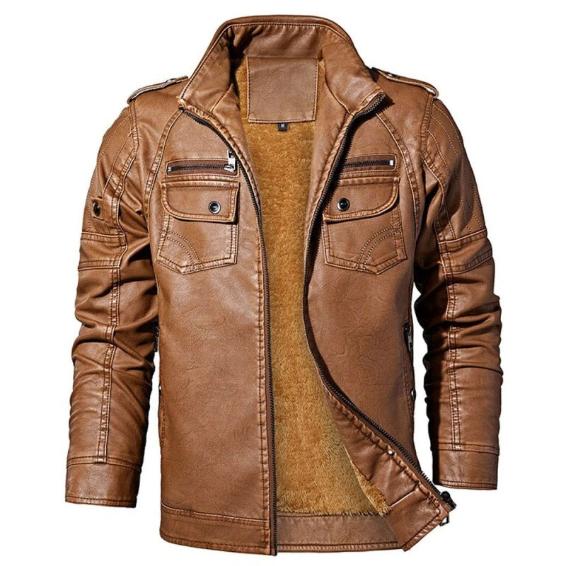 Soft and Comfortable Men Real Leather Jacket with Fur Multiple Zips Inner Lining for Cold Weather Protection