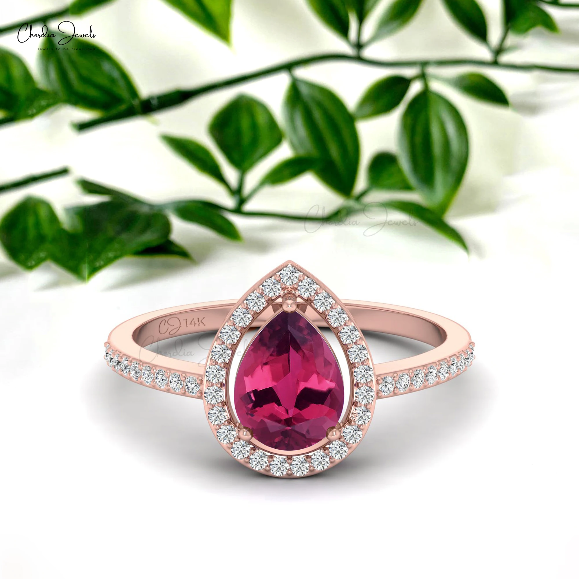 Азиатские производители грушевая огранка 1 3 Ct розовый турмалин и гало кольцо с бриллиантом 14k из твердого золота зубец драгоценным камнем экспресс-доставка