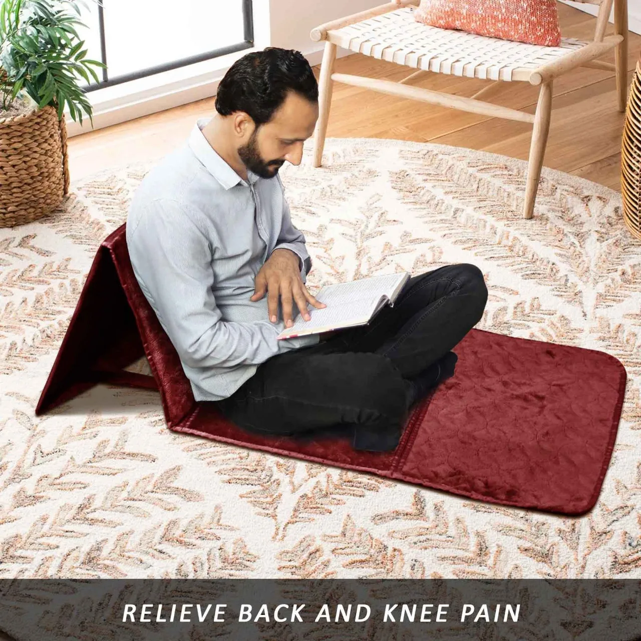 Soft Maroon Islamic Prayer Mat Foldable Polyester Muslim Rug for Living Room Take Back Rest for Prayer