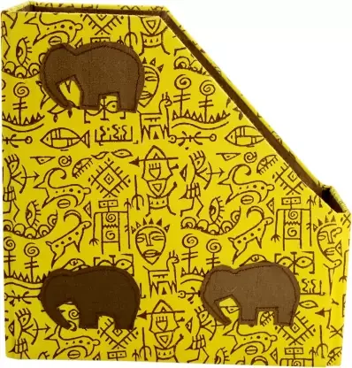 Craft Organic Cotton with Elephant Applique Table Top Magazine Holder  (Yellow, Microfibre, Pre-assembled)