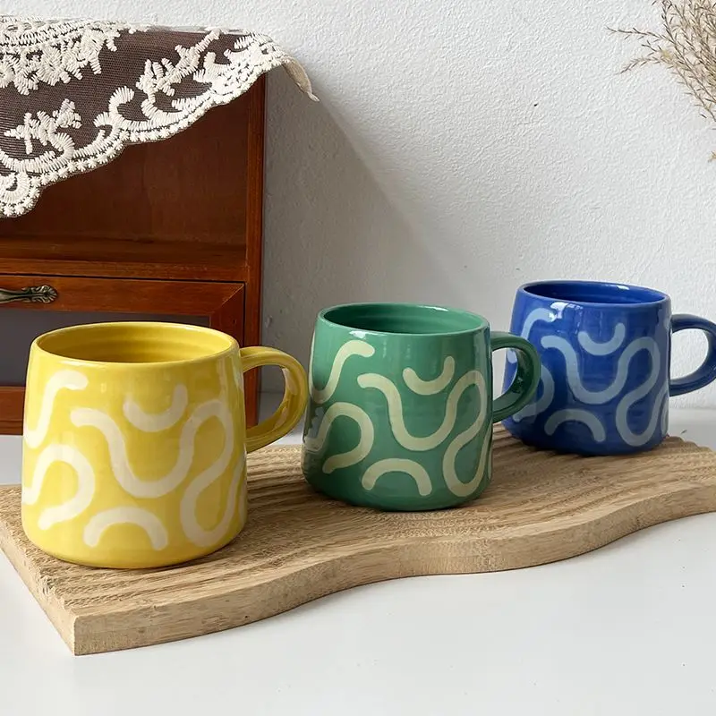 380ml Nordic Vintage Custom Logo Ceramic Simple Line Big Belly Mug Colorful Coffee Espresso Cup Tea Milk  Personalized