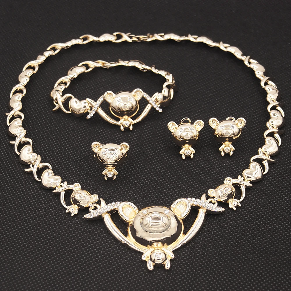 Zhuerrui Latest Panda I Love You Xoxo Brass Jewelry Sets Cartoons Doll Bear Hugs and Kisses Bridal Gold Plated Jewelry Set X0089