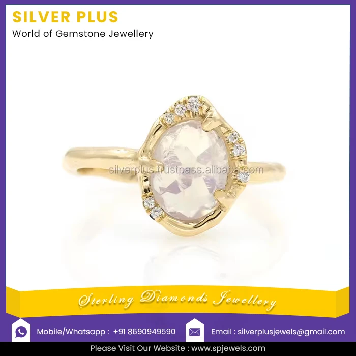 Natural Diamonds Moonstone Ring Solid 14K Yellow Gold Fine Jewelry !! Size 3 to 9