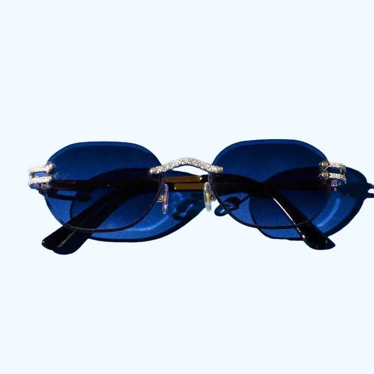 Style Of Unisex Moissanite Diamond And 14Kt Original Gold Frame With Dark Blue Glass Rimless Sunglasses