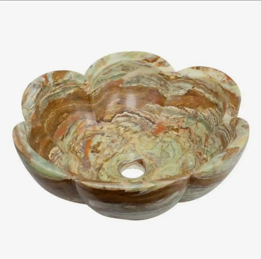 Rustic Marble Hand Carved Vessel Vanity Basin Green Natural Onyx Stone Sink Single Hole Faucet Mount Home Bathroom Decoration