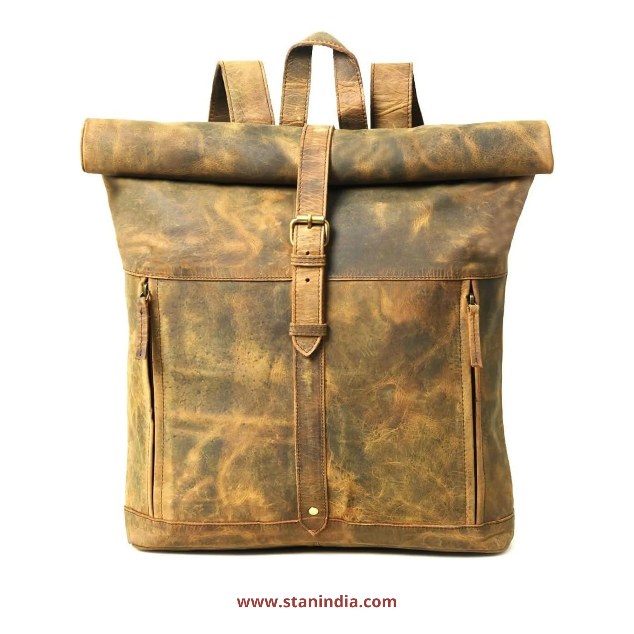 Hot Sale Rugged Genuine Crazy Horse Leather Roll Top Backpack for Men Vintage Style Anti-theft Travel Bag for Outdoor Adventure