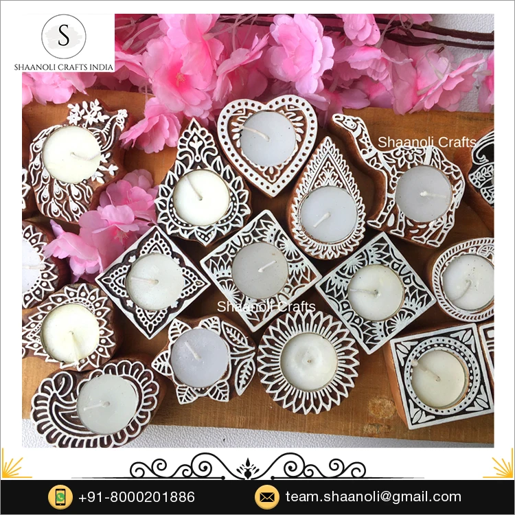 Handmade Decorative Candles With Handcrafted Wooden Candle Holders for Christmas and Wedding Return Gifts Designer Candle Holder