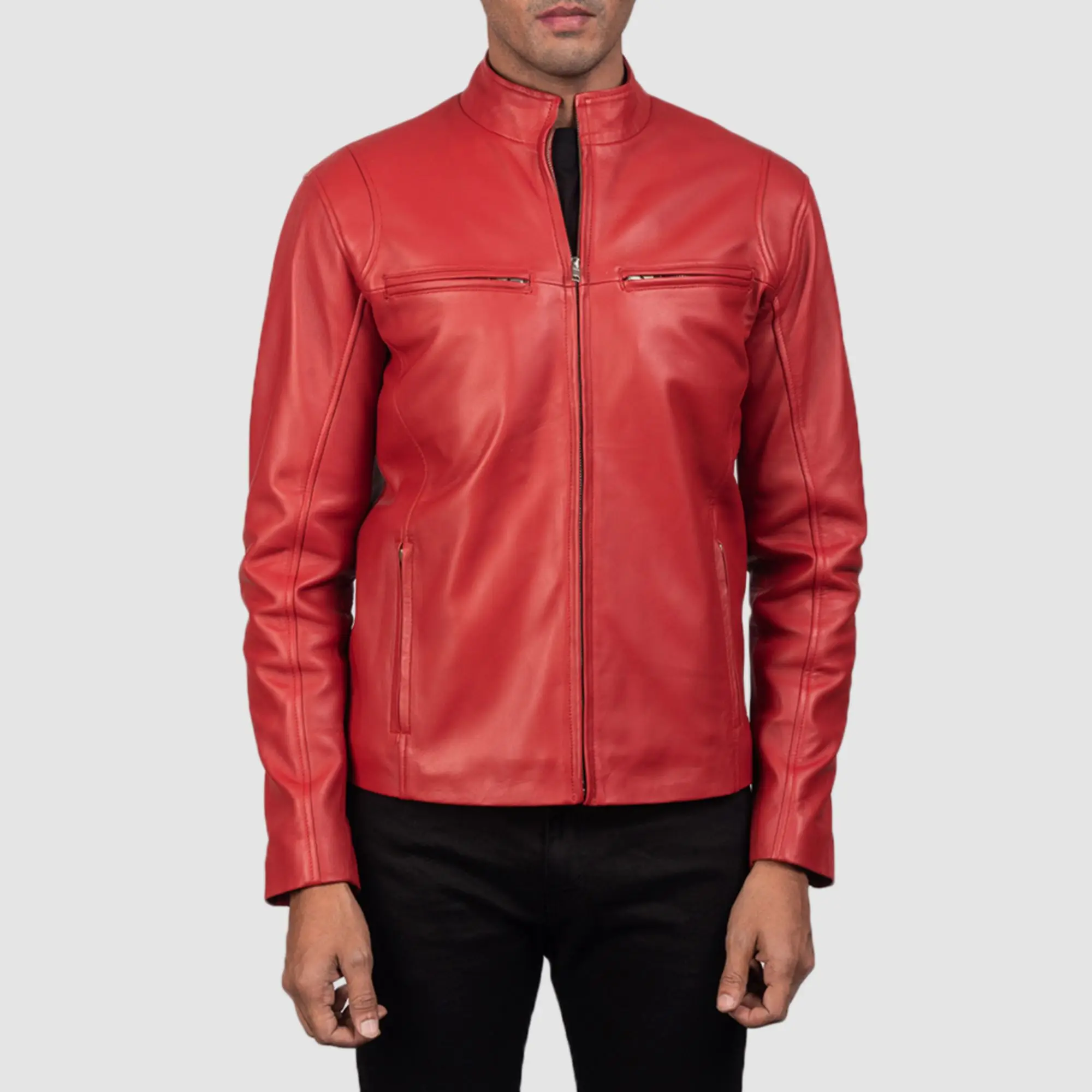 Real Leather Sheepskin Aniline Zipper Iconic Red Biker Jacket with Quilted Viscose Lining and Inside Outside Pockets