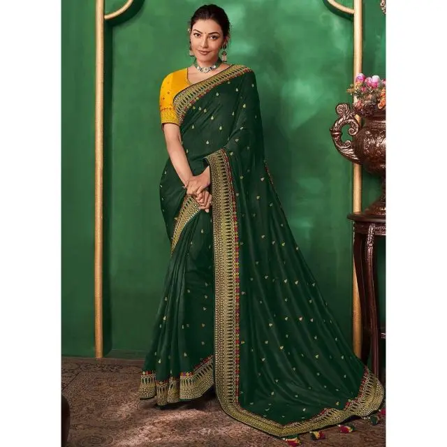 Шелковые сари в болливудском стиле Kajal Aggarwal Vichitra с вышивкой и тяжелыми кружевами для работы с латкан, онлайн-шопинг